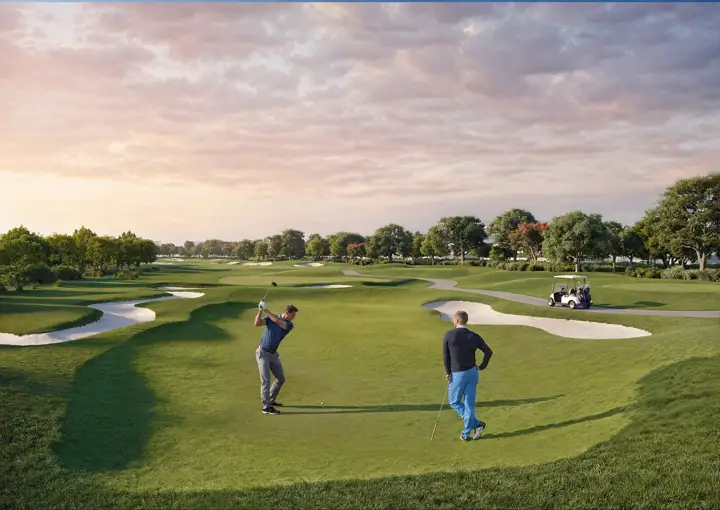 Render of the par-3 golf course threading between villa clusters