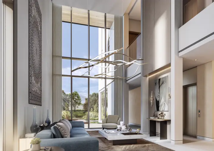 Render of a double-height Orchard living hall with full-height glazing to the garden
