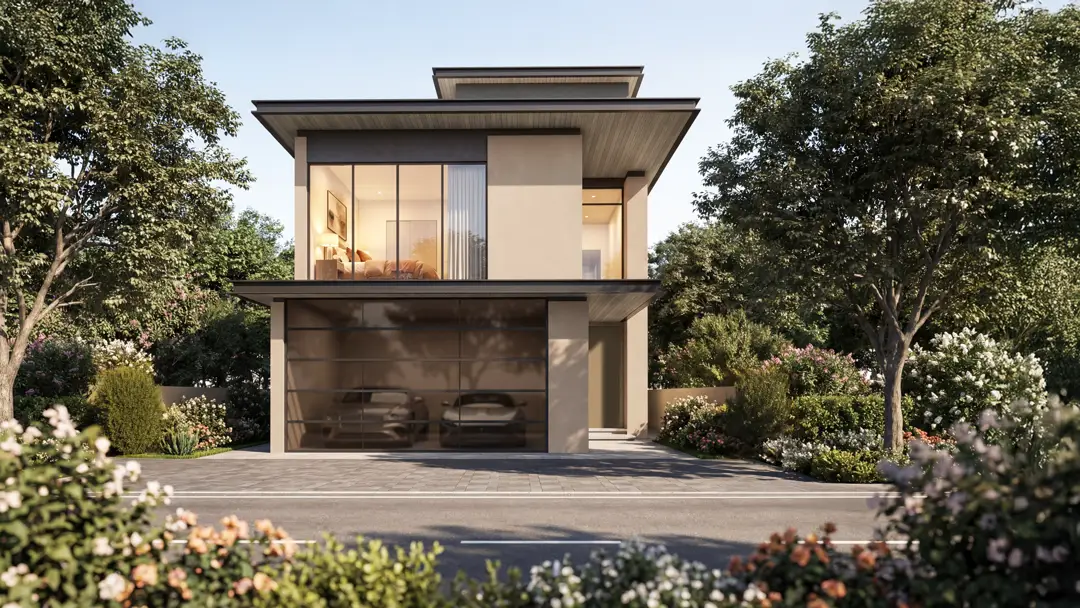 Street render of an Orchard estate villa behind mature planting