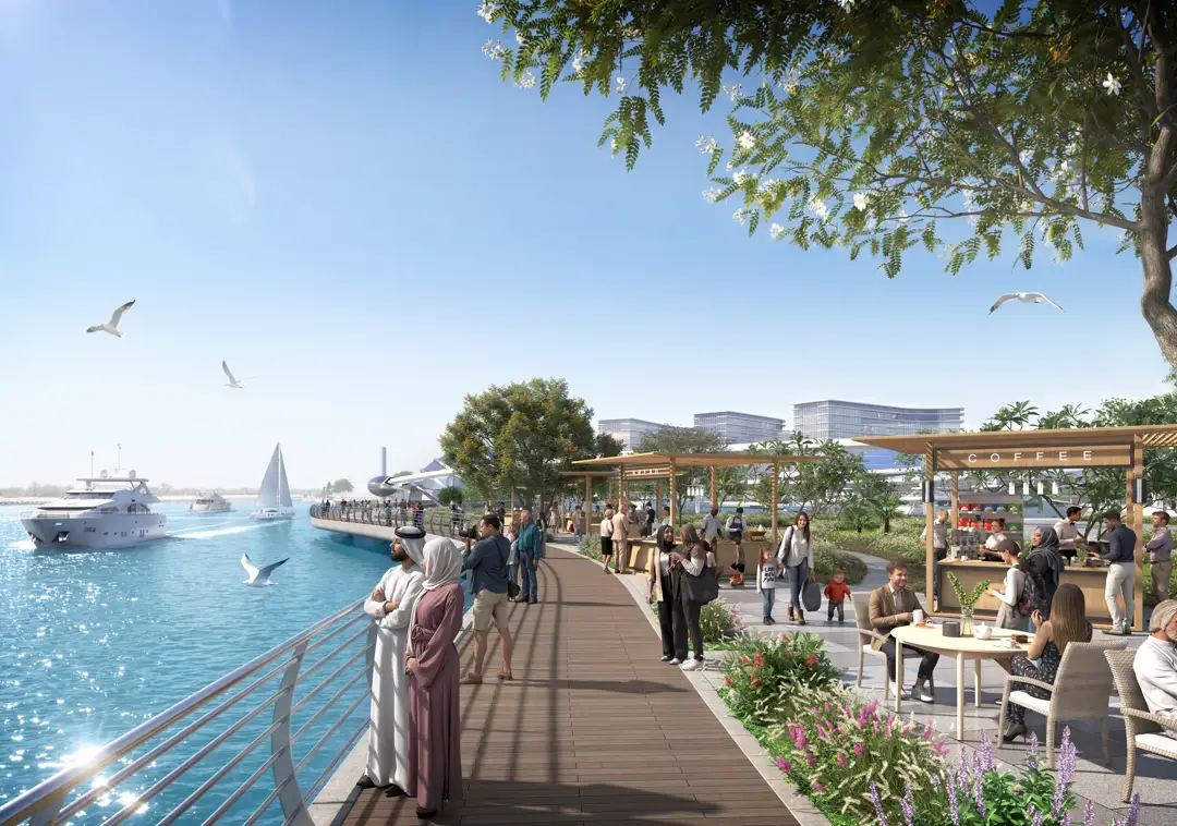 Render of the waterfront boardwalk promenade, cafés under the trees at the marina edge