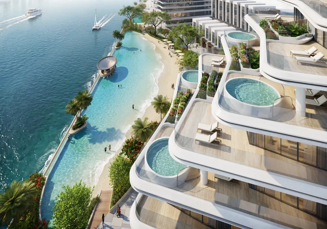 Render from a River Cove apartment terrace, looking across the marina water