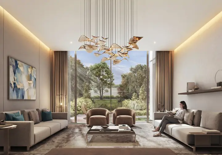 Render of a Terraces living room, floor-to-ceiling glazing onto the garden