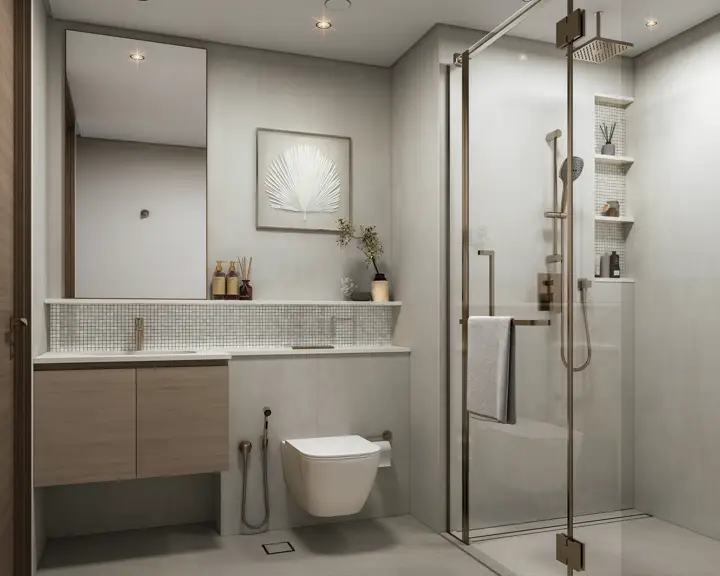 Master bathroom render in a River Cove apartment