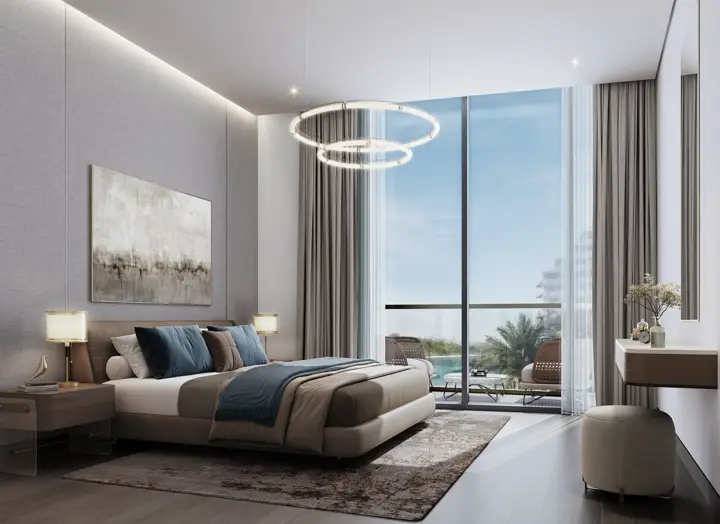 Master bedroom render in a 2-bedroom River Cove apartment