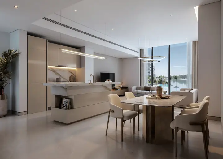 Dining area render in a River Cove apartment