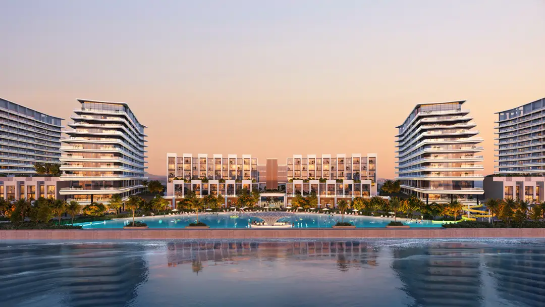 Wide render of the River Cove buildings curving along the waterfront